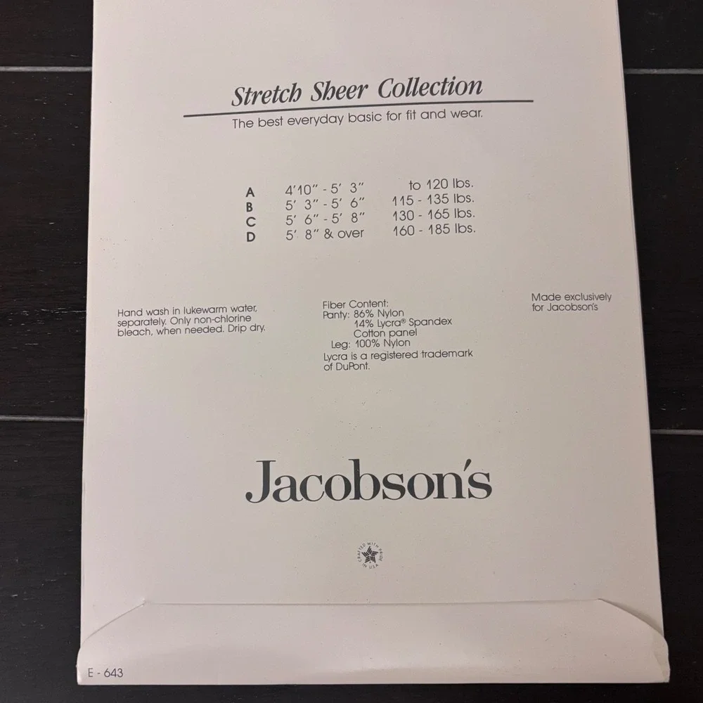 Jacobson's Vintage Black Illusion Stretch‎ Sheer Control Top Pantyhose Size C